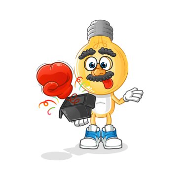 Ampul kafalı çizgi film şakası eldiveni kutuda. çizgi film maskotu