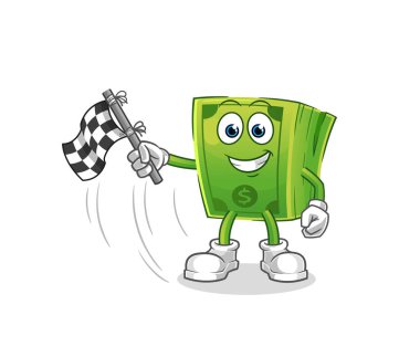 Para, bitiş bayrağı. çizgi film maskotu vektörü