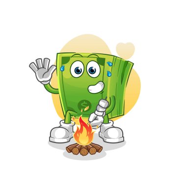 Para marşmelov kızartıyor. çizgi film maskotu vektörü