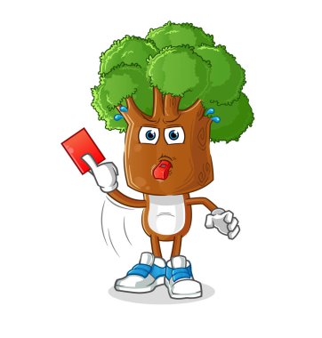 Kırmızı kart resimli ağaç başlı çizgi film hakemi. karakter vektörü