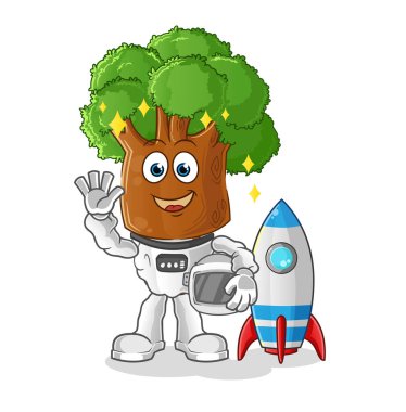 Ağaç kafalı çizgi film astronotu el sallıyor. çizgi film vektörü