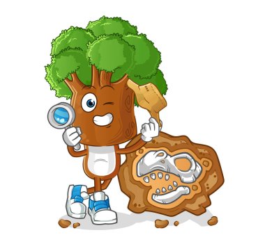 Fosil maskotlu ağaç kafalı arkeologlar. çizgi film vektörü