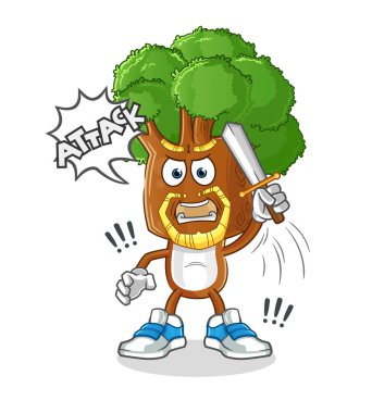 Ağaç başlı çizgi film şövalyeleri kılıçla saldırır. çizgi film vektörü