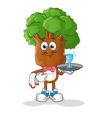 Ağaç kafalı çizgi film garsonu. çizgi film maskotu vektörü