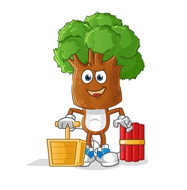 Ağaç kafalı çizgi film elinde dinamit fünyesi tutuyor. çizgi film vektörü