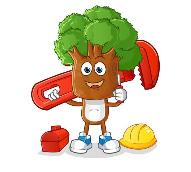 Ağaç kafalı karikatür tesisatçısı. çizgi film maskotu vektörü