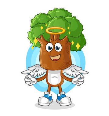 Kanat vektörlü ağaç başlı karikatür melek. çizgi film karakteri