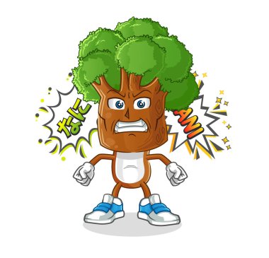 Ağaç kafalı çizgi film karakteri kızgın vektör. çizgi film karakteri