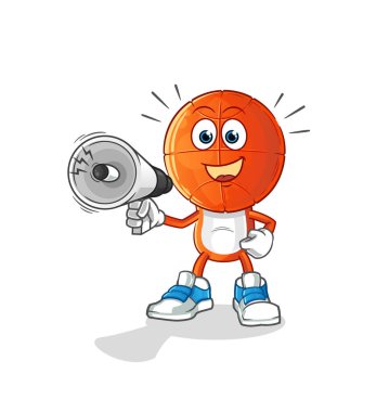 Basketbol kafa çizgi filmi hoparlör vektörünü tutuyor. çizgi film karakteri