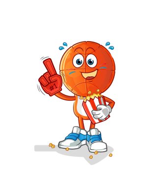 Patlamış mısır illüstrasyonlu basketbol baş çizgi film hayranı. karakter vektörü