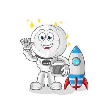 İlaç tableti, çizgi film kahramanı astronot el sallıyor. çizgi film vektörü