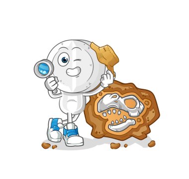 Fosil maskotlu ilaç tableti baş karikatür arkeologları. çizgi film vektörü