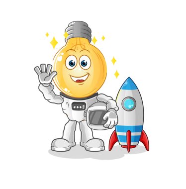 Ampul kafalı çizgi film astronotu el sallıyor. çizgi film vektörü