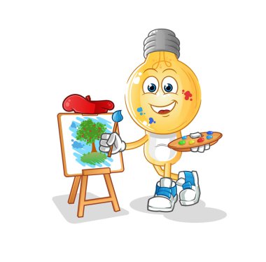 Ampul kafalı karikatür sanatçısı maskotu. çizgi film vektörü