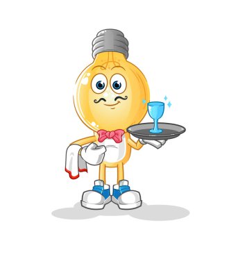 Ampul kafalı çizgi film garsonu. çizgi film maskotu vektörü