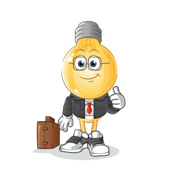 Ampul kafalı çizgi film ofis çalışanı maskotu. çizgi film vektörü
