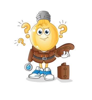 Ampul başlı çizgi film dedektifi vektörü. çizgi film karakteri