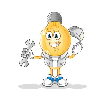 Ampul başlı çizgi film mekanik çizgi filmi. çizgi film maskotu vektörü