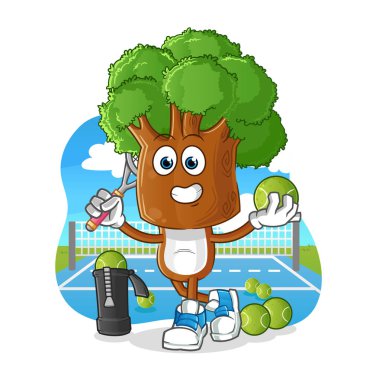 Ağaç başı çizgi filmi tenis illüstrasyonu oynar. karakter vektörü