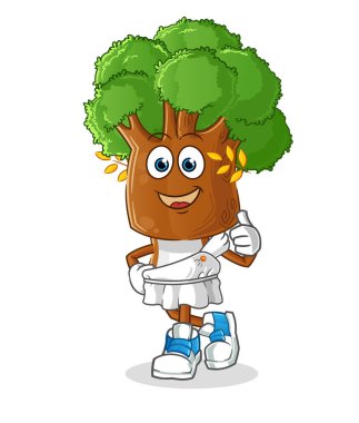 Yunan elbiseli ağaç kafalı karikatür. çizgi film maskotu vektörü