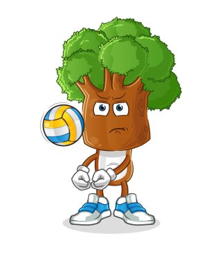 Ağaç kafalı çizgi film karakteri voleybol maskotu olur. çizgi film vektörü