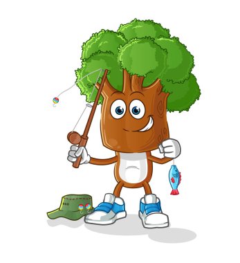 Ağaç başlı karikatür balıkçısı illüstrasyonu. karakter vektörü