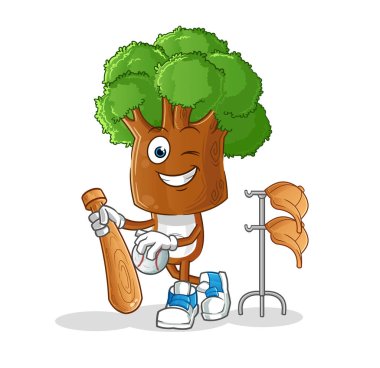 Ağaç kafalı çizgi film karakteri beyzbol maskotunu oynuyor. çizgi film vektörü