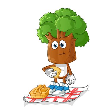 Ağaç kafalı karikatür piknikte. çizgi film maskotu vektörü