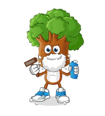 Ağaç kafalı çizgi film karakteri yüz kıllarını tıraş ediyor. çizgi film karakteri