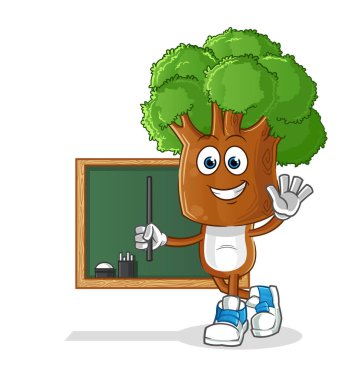 Ağaç başlı çizgi film öğretmeni vektörü. çizgi film karakteri