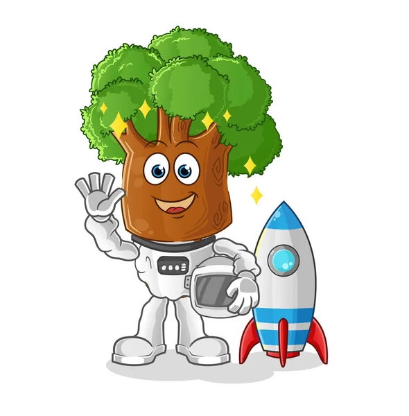 Ağaç kafalı çizgi film astronotu el sallıyor. çizgi film vektörü