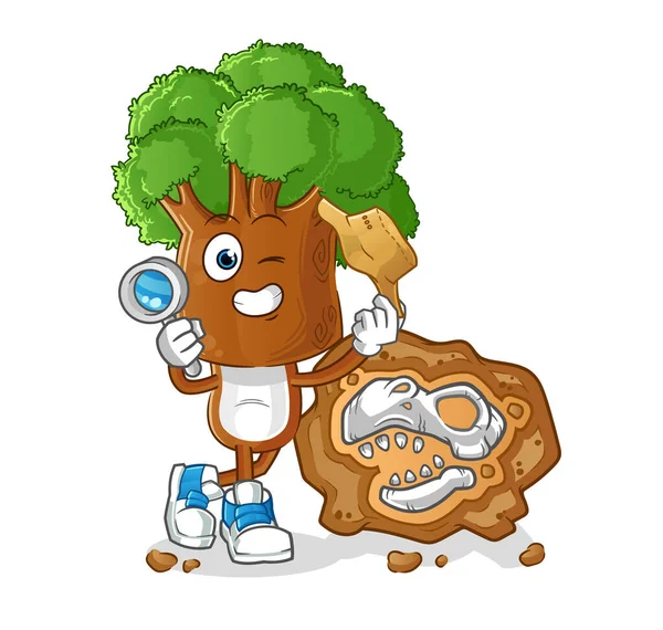 Fosil maskotlu ağaç kafalı arkeologlar. çizgi film vektörü