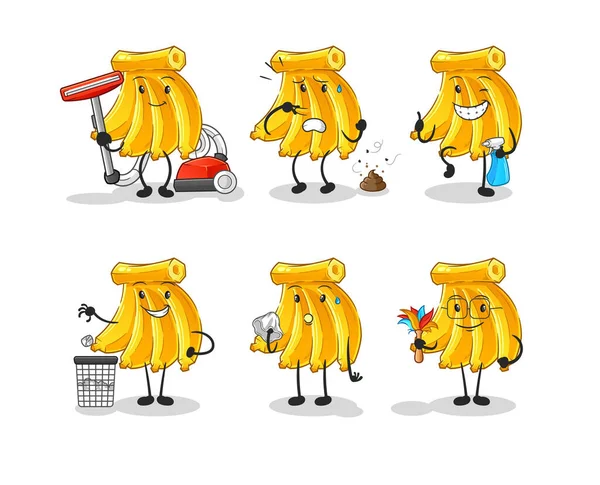 バナナクリーニンググループキャラクター 漫画マスコットベクトル — ストックベクタ