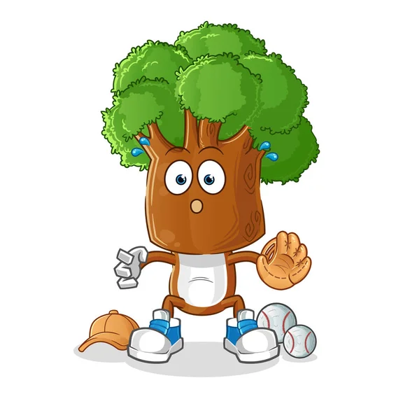 Ağaç kafalı çizgi film karakteri beyzbol tutucusu. çizgi film maskotu vektörü