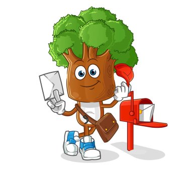 Ağaç başlı karikatür postacı vektörü. çizgi film karakteri