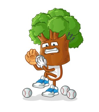 Ağaç kafalı çizgi film beyzbol atıcısı. çizgi film maskotu vektörü