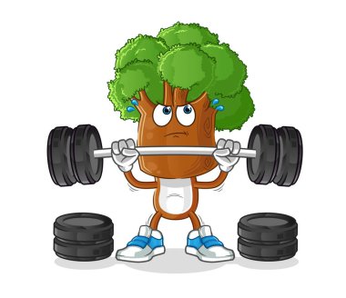 Ağaç kafalı çizgi film halter karakterini kaldırıyor. çizgi film vektörü