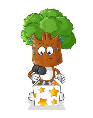 Ağaç kafalı çizgi film karakteri, köstebek maskotuna vuruyor. çizgi film vektörü