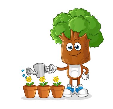 Ağaç kafalı çizgi film karakteri çiçek maskotunu suluyor. çizgi film vektörü