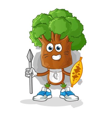 Ağaç kafalı çizgi film Afro kabile savaşçı maskotu. çizgi film vektörü