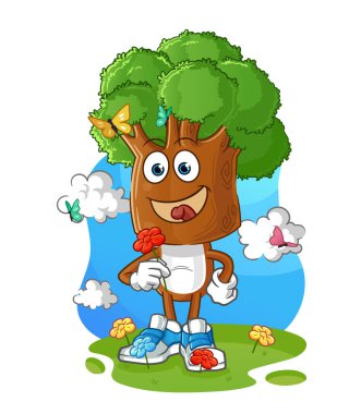 Ağaç kafalı çizgi film karakteri baharda çiçek toplar. karakter vektörü