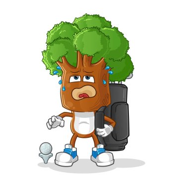 Golf ekipmanlı ağaç kafalı çizgi film. çizgi film maskotu vektörü