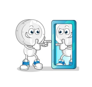 İlaç tableti kafa karikatürü aynaya bakıyor. çizgi film maskotu vektörü