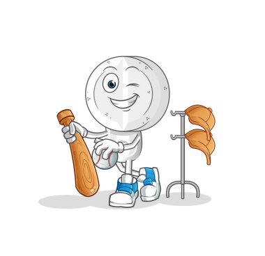 İlaç tableti kafalı çizgi film karakteri beyzbol maskotunu oynuyor. çizgi film vektörü