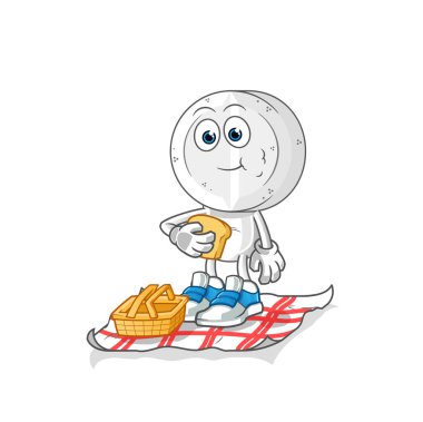 Piknikteki ilaç tableti kafa karikatürü. çizgi film maskotu vektörü