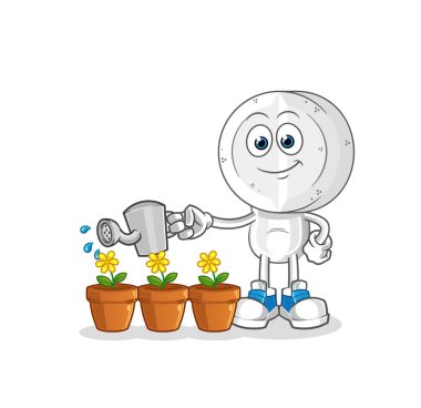 İlaç tableti kafa karikatürü çiçek maskotunu suluyor. çizgi film vektörü