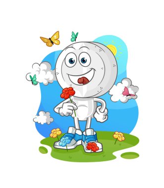 İlkbaharda ilaç tableti kafalı çizgi film karakteri çiçek toplar. karakter vektörü