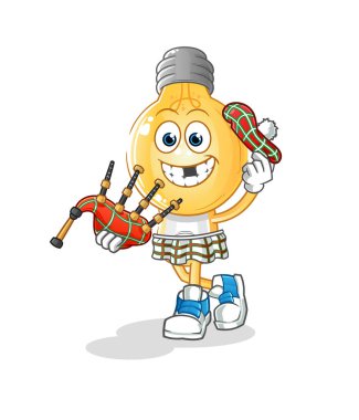 Ampul başlı gayda vektörlü İskoçyalı çizgi film karakteri. çizgi film karakteri