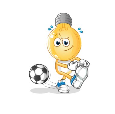 Ampul kafalı çizgi film karakteri topa vuruyor. çizgi film maskotu vektörü