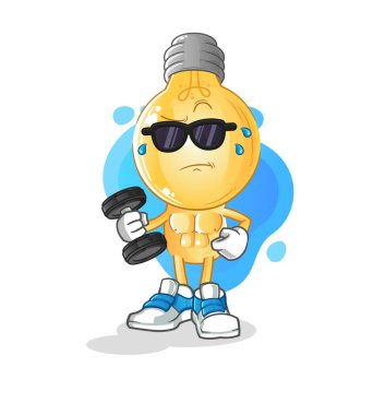 Ampul başlı çizgi film, dambıl vektörünü kaldırıyor. çizgi film karakteri